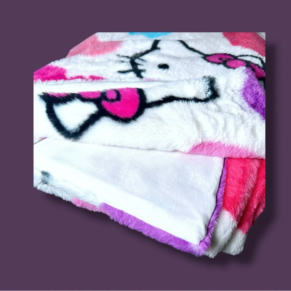 Hello Kitty Candy White Purple Pink Hearts Plush Faux Throw Blanket 50”x 70”